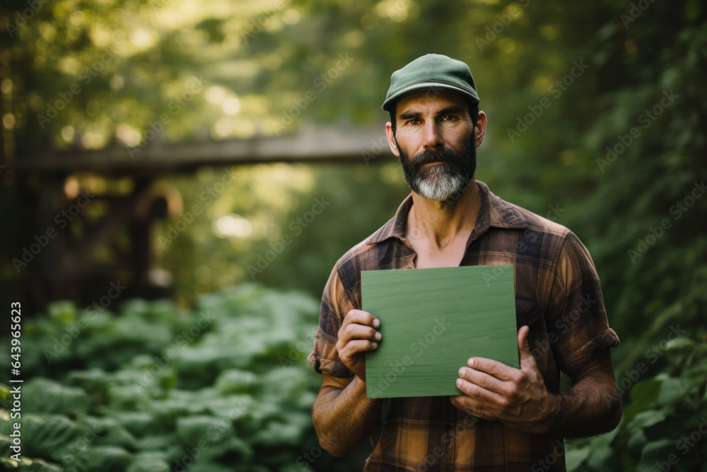 A man with a poster in his hands against the background of nature.