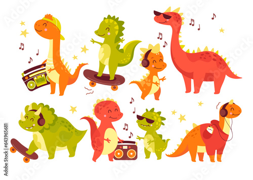 Cute dinosaurs fantastic animal cartoon character listening music isolated set on white background