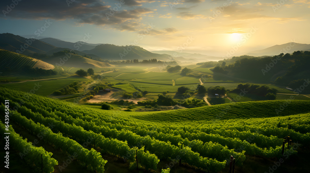 Vineyards sprawl in lush green rows as the sun sets over the horizon. The highly detailed photography showcases the orderly vine plots, the vibrant foliage, and the warm twilight.