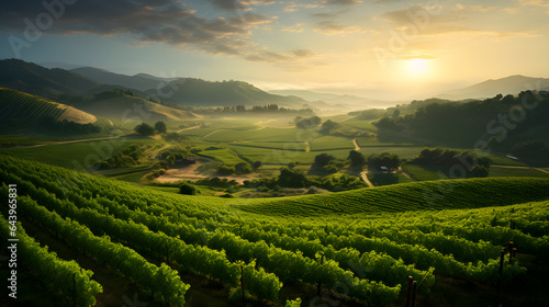 Vineyards sprawl in lush green rows as the sun sets over the horizon. The highly detailed photography showcases the orderly vine plots, the vibrant foliage, and the warm twilight. © CanvasPixelDreams