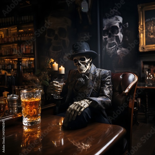 In the Eerie Glow of Halloween, Witness a Suave Skeleton Embracing the Dark Aesthetic as It Enjoys a Fine Whiskey Drink at the Local Pub