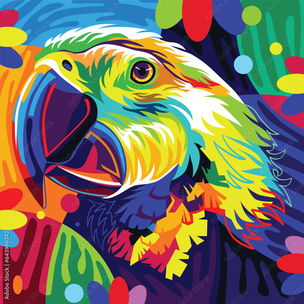 Colorful abstract wild birds with the beauty of the colors of their feathers, sparkling leaves background. - Vectors