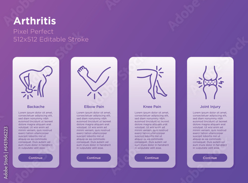 Arthritis thin line icons set: backache, elbow pain, knee pain. Vector illustration, editable stroke.