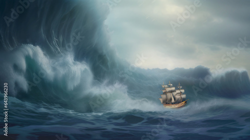 A damaged ship sailing in the storm on a rough sea, about about to sink due to a gigantic wave or to successfully escape - Conceptual illustration about hope in the trials of life