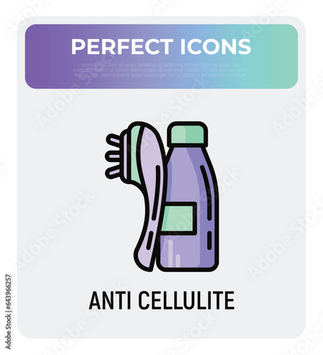 Anti cellulite treatments thin line icon: body massager and body oil in glass bottle. Modern vector illustration for beauty shop.