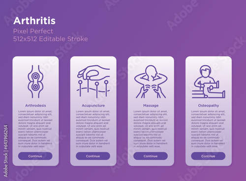Arthritis thin line icons set: acupunture, massage, Arthrodesis, osteopathy. Vector illustration, editable stroke.