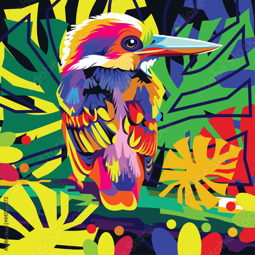 Colorful abstract wild birds with the beauty of the colors of their feathers  sparkling leaves background. - Vectors