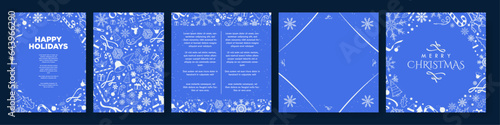 White and Royal Blue Christmas Card Templates. Simple Card and vertical poster xmas templates with white christmas doodle elements. Vector. 