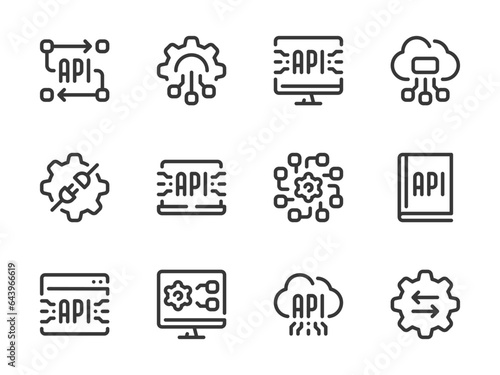 API, Software development and Data integration vector line icons. Application Programming Interface outline icon set. Computer, Connection, Cloud Computing, Website, Settings, Guidebook and more.