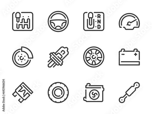 Car parts and Vehicle repair vector line icons. Auto service and Workshop outline icon set. Transmission, Shock Absorber, Steering Wheel, Tire, Fuse and more.
