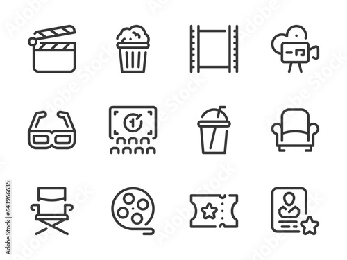 Cinema and Theater vector line icons. Movie event and Entertainment outline icon set. Clapperboard, Popcorn, 3D Glasses, Cinema Screen, Film Strip, Ticket, Video Camera and more.