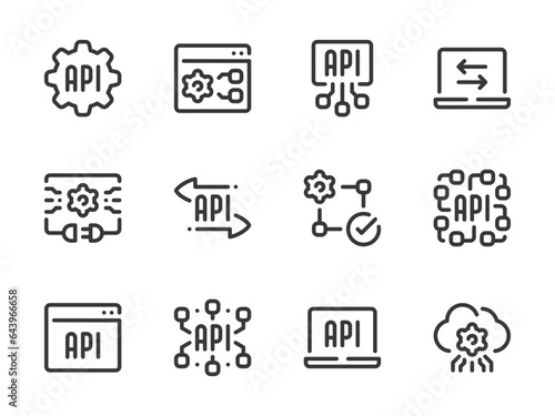 API, Software development and Data integration vector line icons. Application Programming Interface outline icon set. Data, Computer, Transfer, Connection, Website, Settings, System Process and more.