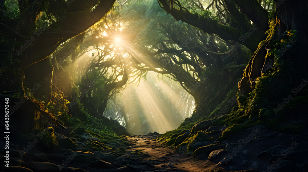 Drift through the ethereal beauty of an ancient forest canopy. The photography captures the interwoven branches, the dappled sunlight, and the verdant tranquility, providing a glimpse into the serene