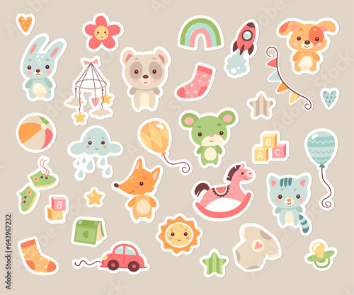 Cute kid sticker, newborn baby shower badge, child toy, clothes and decorative party accessories set