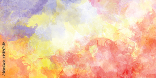 Colorful watercolor background of abstract sunset sky with puffy clouds in bright painted colors of pink blue green and white .Abstract colorful water color for background.