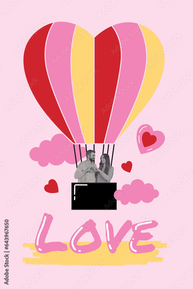 Romantic holidays together collage young couple spend weekend in air balloon love story feelings isolated over pink color background Romantic holidays together collage young couple spend weekend in air balloon love story feelings isolated over pink color background