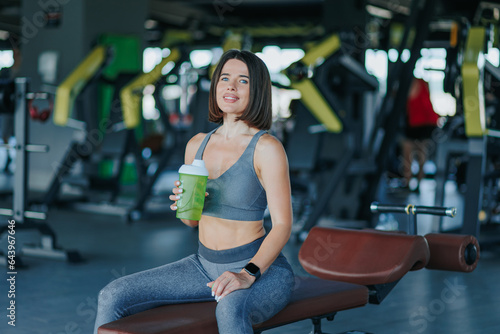 A Latin athlete looking at camera taking a break at the gym  holding a water bottle  with copy space for text. Front View of a Fitness Fan Woman Holds Water Bottle