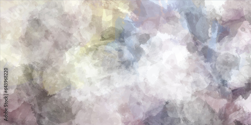 Colorful watercolor background of abstract sunset sky with puffy clouds in bright painted colors of pink blue green and white .Abstract colorful water color for background.