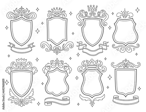 Different heraldic royal shield badge, vintage ornamental frame, decorative luxury border set