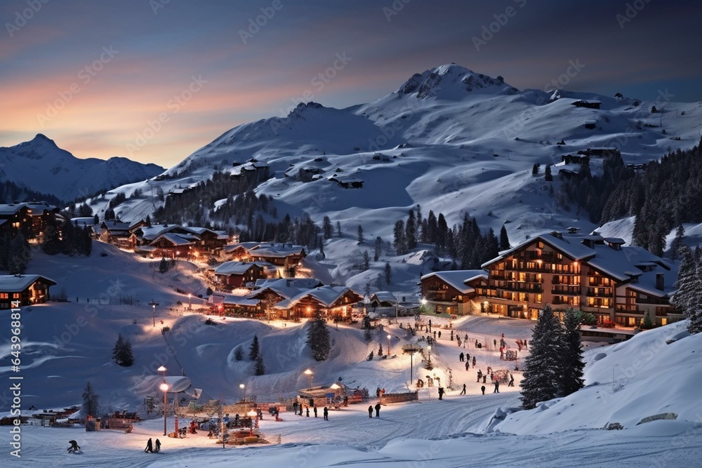 Ski resort at the foot of slopes in Méribel, France, Savoie (73), Les 3 Vallées. Generative AI