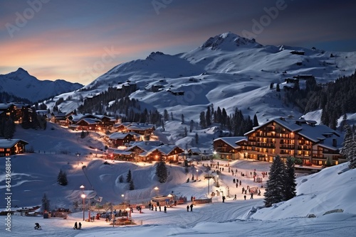 Ski resort at the foot of slopes in Méribel, France, Savoie (73), Les 3 Vallées. Generative AI