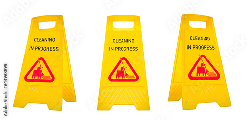 Fotografía Mock up yellow warning sign with message Cleaning in progress