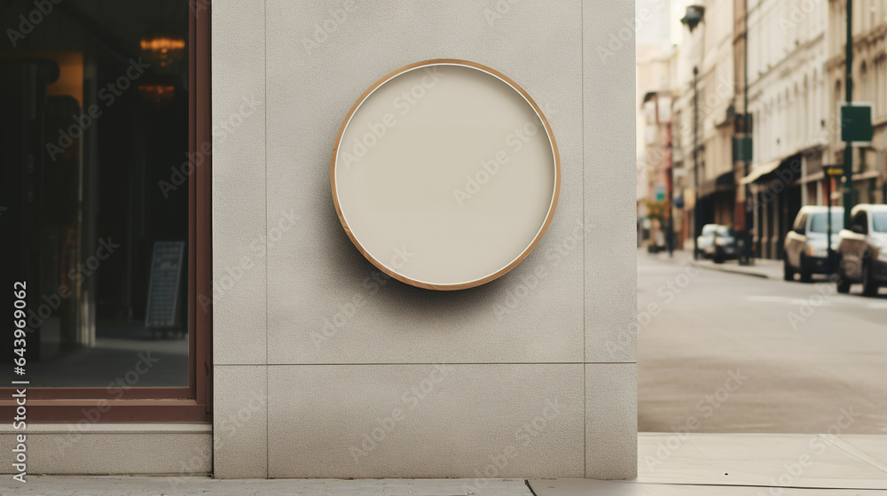 Generative AI, coffee shop street signboard mock up for logo design, brand presentation, aesthetic muted neutral colors, on the wall outdoor - obrazy, fototapety, plakaty 