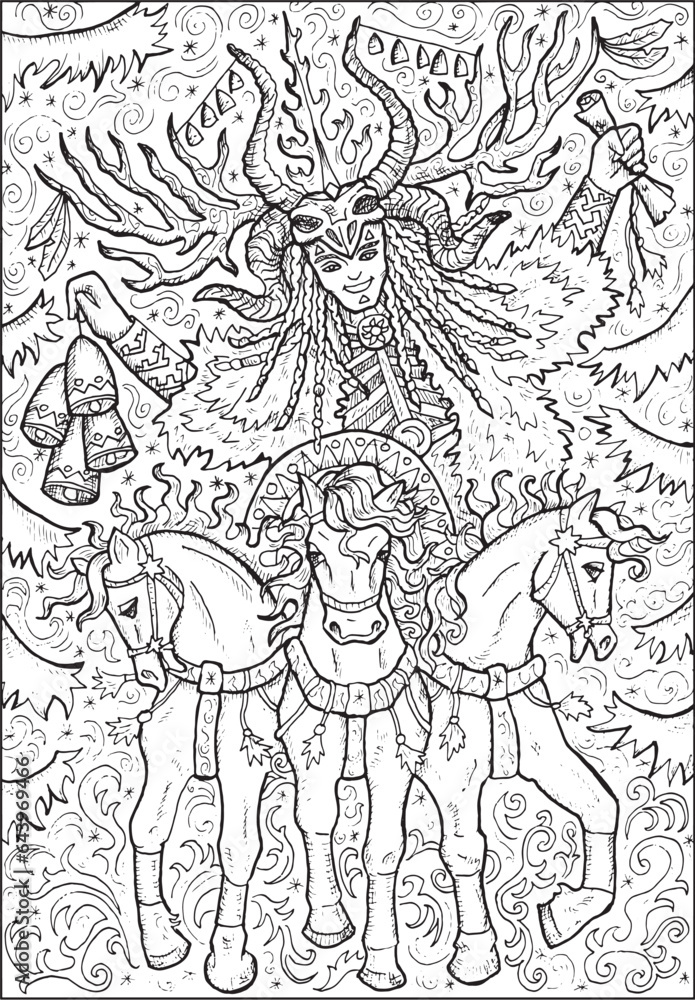 Christmas and New Year vector illustration with shaman or winter magician as rider. Greeting card background. Black and white line art for coloring page.