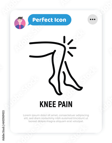 Knee pain, arthritis symptom thin line icon. Joint inflammation. Vector illustration.
