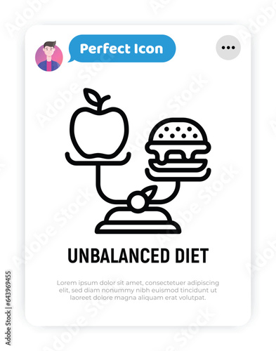 Unbalanced diet: scales with hamburger and apple. Unhealthy food. Vector illustration.