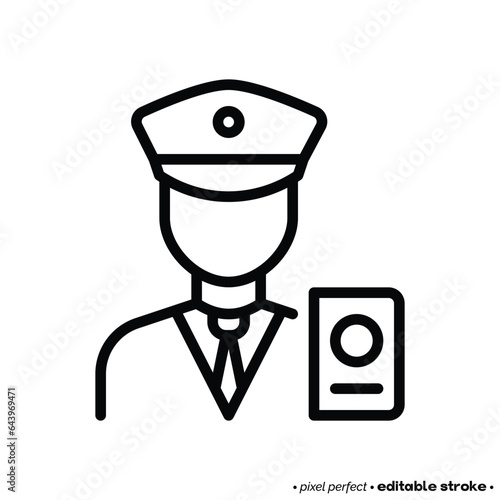 Customs control thin line icon, officer checking passport. Pixel perfect, editable stroke. Modern vector illustration.
