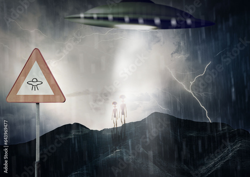 Obraz na plátně Ufo, spaceship light and alien invasion on mountain for mission, science fiction and fantasy in sky