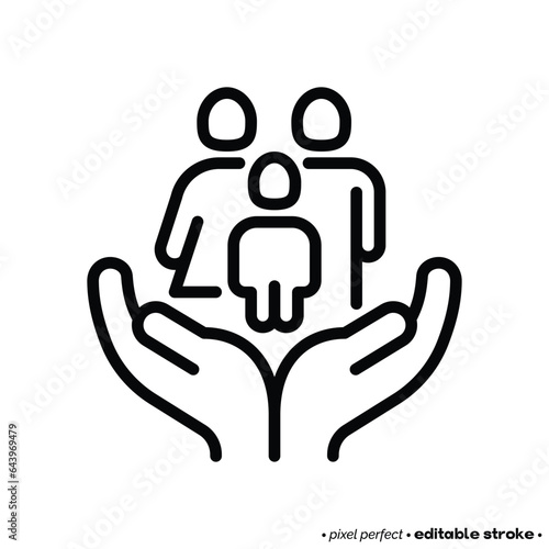 Social care, family with child in hands. Health insurance, charity, donation. Thin line icon, editable stroke. Vector illustration.