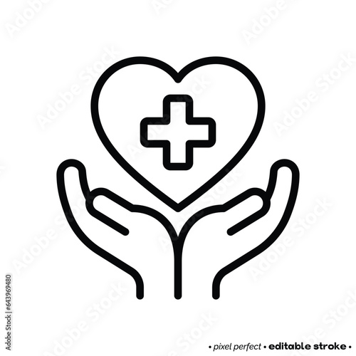 Healthcare thin line icon. Heart with cross in hands. Editable stroke. Vector illustration.