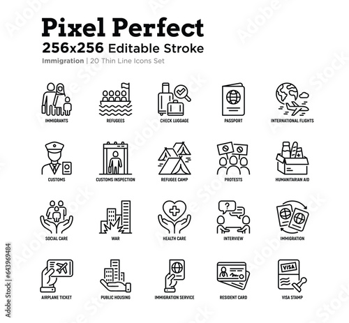 Immigration thin line icons set: immigrants, illegals, baggage examination, passport, resident card, public housing, customs, inspection, refugee camp. Editable stroke. Vector illustration.
