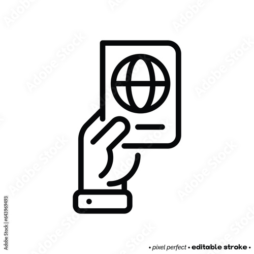 Immigration service  passport in hand thin line icon. Editable stroke. Vector illustration.