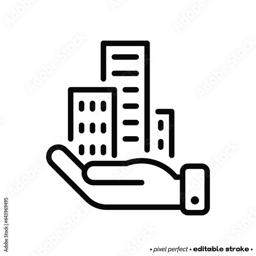 Public housing, affordable housing for immigrants. Building in hand thin line icon. Vector illustration.