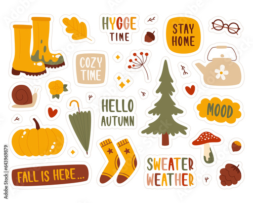 Autumn accessories  clothes and shoes  fall forest and garden sticker with inscription isolated set