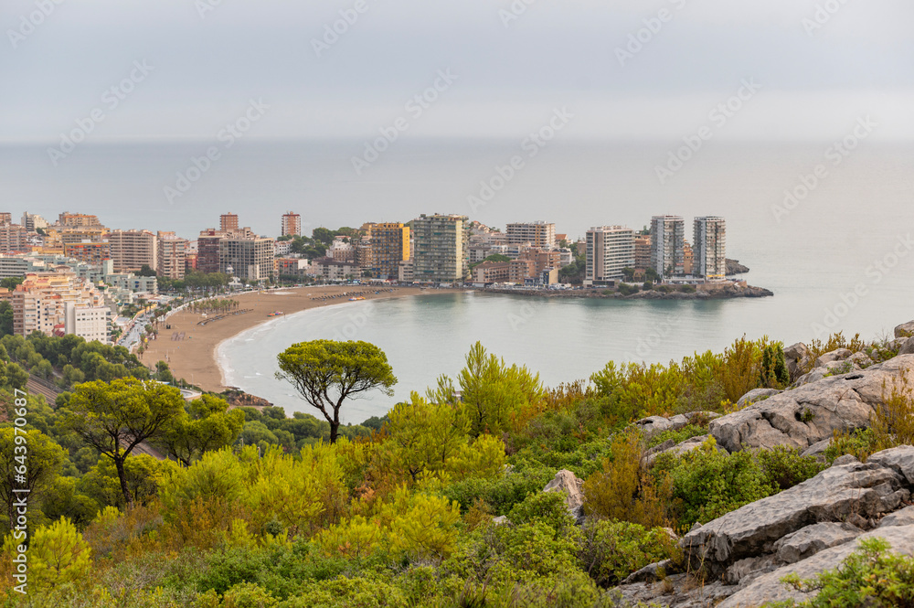 Obraz premium Nice view of Oropesa del Mar coastline and beach from upper viewpoint after the storm, Castellon, Spain
