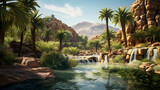 Marvel at the oasis hidden within arid desert landscapes. The highly detailed photography showcases the emerald-green palm groves, the winding waterways, and the contrasting desolation.
