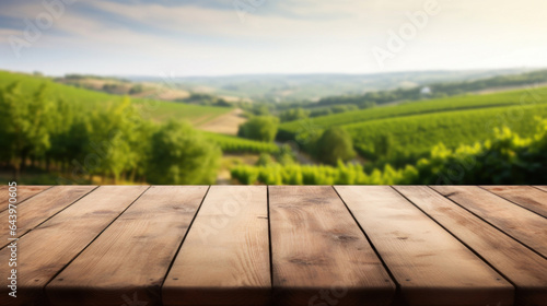 Empty wooden table top with blur background of vineyard