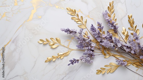 White lavender buds, painted with gold, spread out in an organic pattern against a backdrop of soft marble. Glamorous wedding background with copy space.