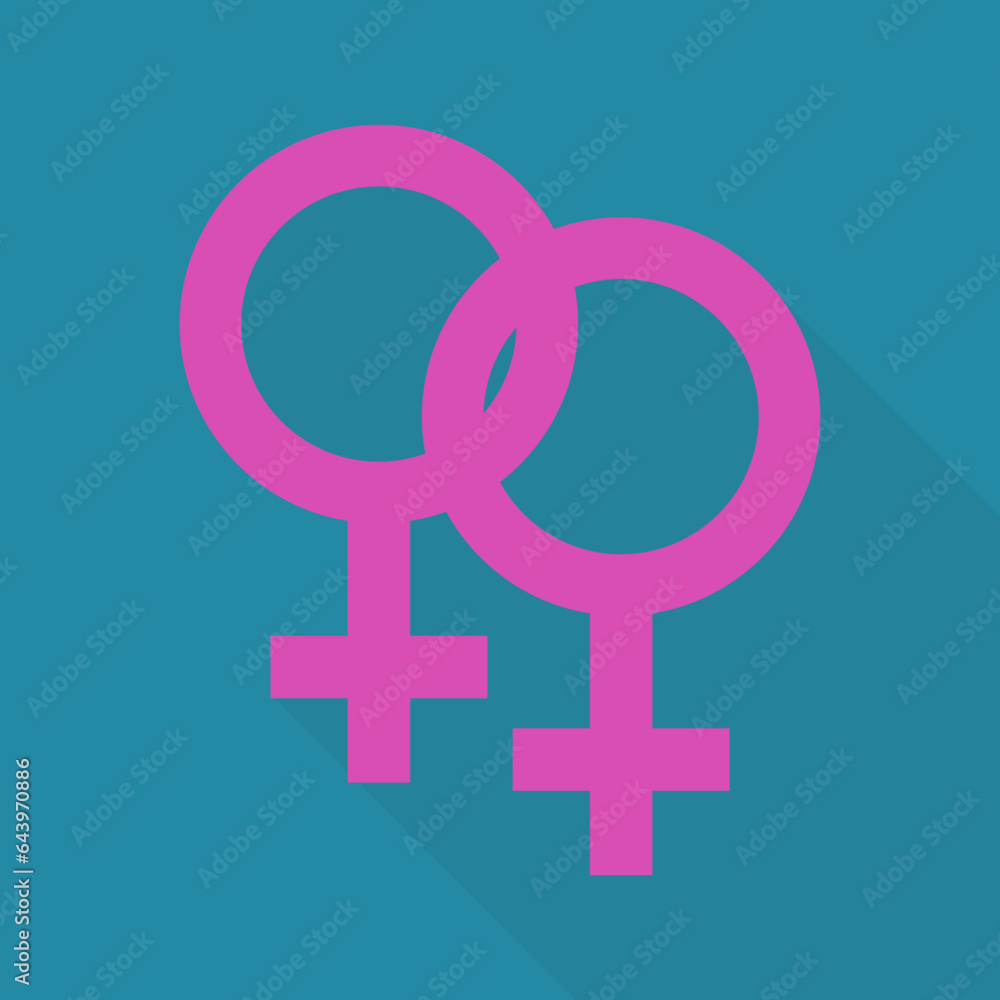 Two linked pink female gender symbols symbolizing a female homosexual relationship on a blue background with shadow in flat design style Two linked pink female gender symbols symbolizing a female homosexual relationship on a blue background with shadow in flat design style
