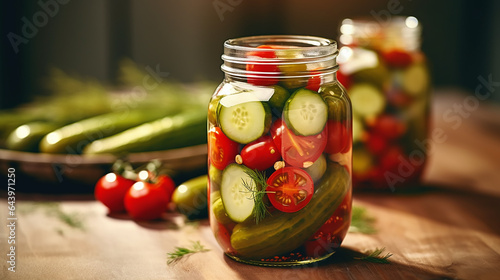 cucumbers and tomatoes pickled in a jar, blanks home supplies