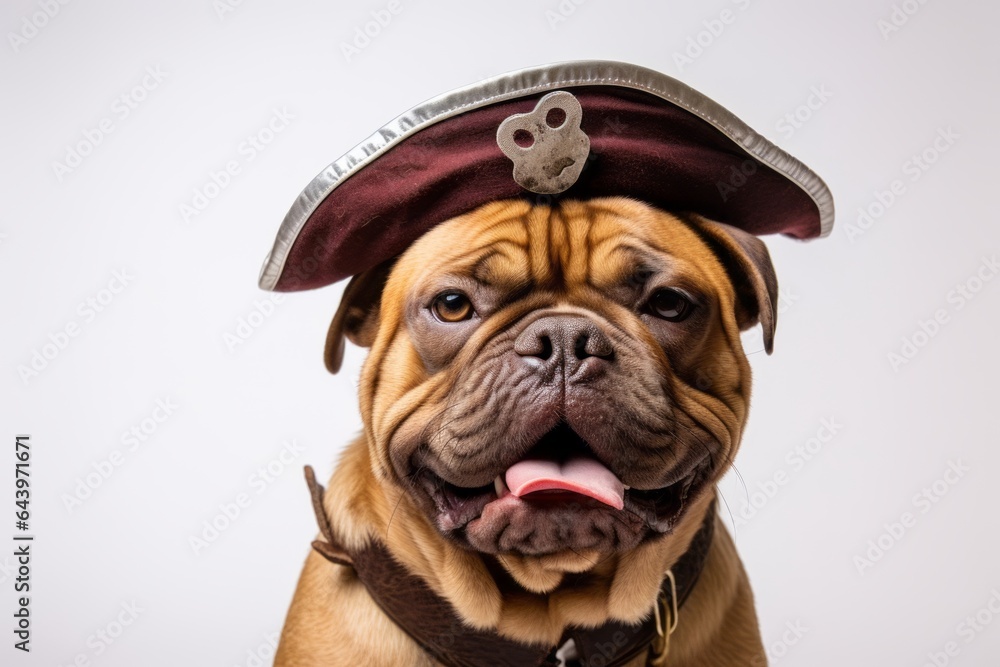 Obraz premium Environmental portrait photography of a cute chinese shar pei dog licking face wearing a pirate hat against a white background. With generative AI technology