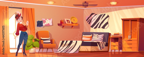 Young woman in exotic safari style bedroom. Vector cartoon illustration of female traveler standing in room decorated with striped zebra pattern textile, souvenirs on shelf, wooden wardrobe and drawer