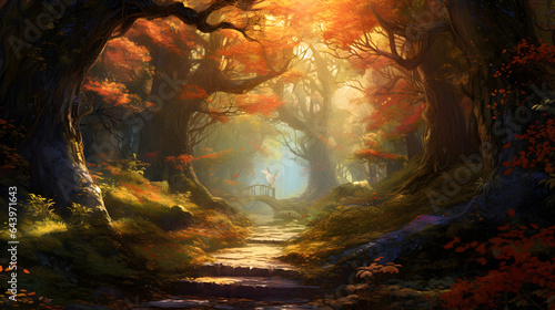 Step into an enchanted forest adorned in the vibrant colors of autumn. The highly detailed photography captures the rich, golden foliage, the dappled sunlight, and the rustling leaves.
