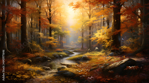 Step into an enchanted forest adorned in the vibrant colors of autumn. The highly detailed photography captures the rich, golden foliage, the dappled sunlight, and the rustling leaves.