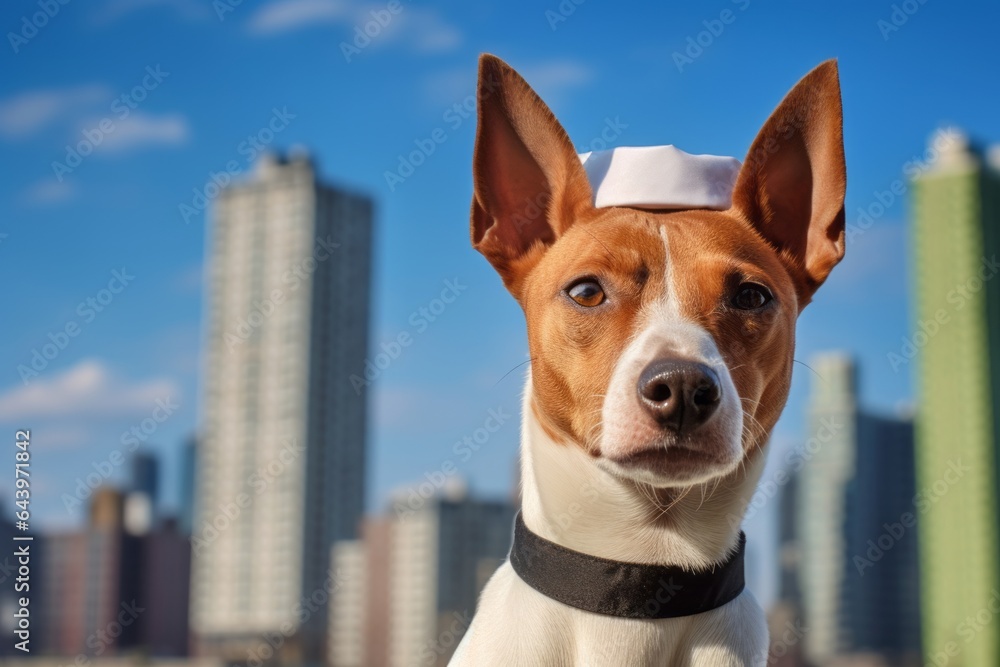 Headshot portrait photography of a curious basenji dog fetching ball wearing a chef hat against a vibrant city skyline. With generative AI technology