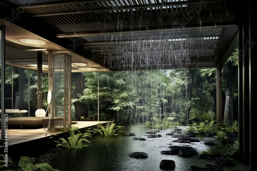 Conserving water by harvesting rain in an eco-friendly residence with advanced technology. Generative AI